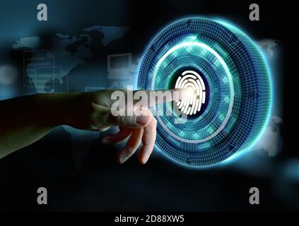Computer security concept. Hand and padlocks symbolizing data protection in the network and personal computers. Mixed media. Stock Photo