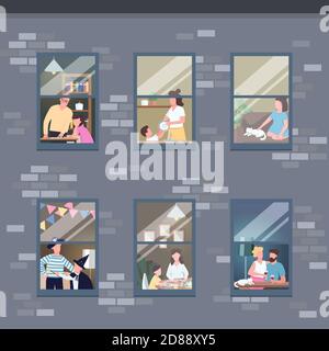 People in different apartments windows flat color vector illustration Stock Vector