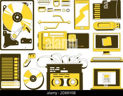 Data storage devices yellow linear objects set Stock Vector