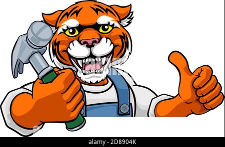 Tiger Carpenter Handyman Builder Holding Hammer Stock Vector