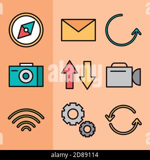 user interface compass email reload camera wifi set icons linear and fill style vector illustration Stock Vector
