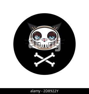 Grumpy cat in skeleton. Pirate Black Mark Stock Vector