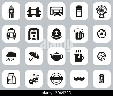 London City & Culture Icons Black & White Flat Design Set Big Stock Vector