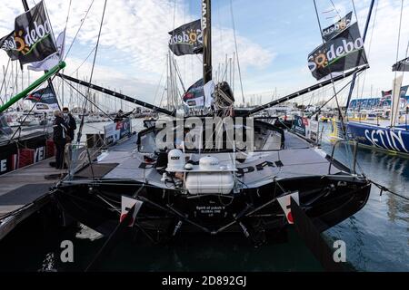 LES SABLES D'OLONNE, FRANCE - OCTOBER 19, 2020: Kojiro Shiraishi boat (DMG Mori) on the Vendee Globe 2020 pontoon on October 19,2020. Stock Photo