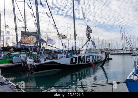 LES SABLES D'OLONNE, FRANCE - OCTOBER 19, 2020: Kojiro Shiraishi boat (DMG Mori) on the Vendee Globe 2020 pontoon on October 19,2020. Stock Photo