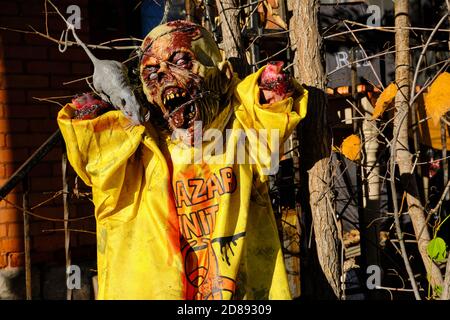 Ottawa, Canada. Halloween decoration featuring a zombie head in bio suit wit a rat on shoulder Stock Photo
