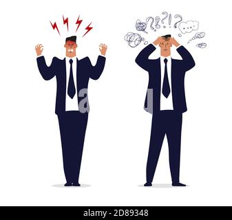 Angry businessman, a man in a suit and tie is upset or furious. Concept of a burnout office worker, problems at work. A businessman with a headache, a man in stress from work and problems. Flat vector illustration isolated on white background Stock Vector