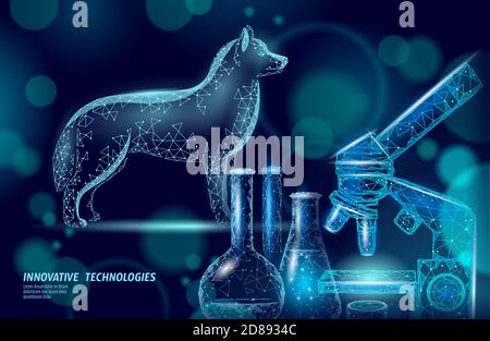 Dog pet standing with microscope lab. Low poly polygonal 3D dog silhouette companion. Animal medical center banner template vector illustration Stock Vector