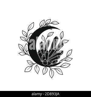 Floral moon and crystals vector frame. Tatoo doodle wreath. Mystical Boho celestial poster. Vector illustration Stock Vector