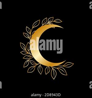 Gold wreath. Floral moon vector frame. Boho celestial frame. . Vector illustration Stock Vector