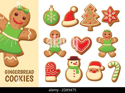 Set of cute gingerbread cookies for christmas. Isolated on white background. Vector illustration. Stock Vector