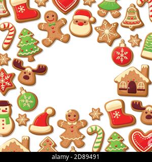 Gingerbread cookies background with an editable blank space in the middle. Christmas greeting card template. Vector illustration. Stock Vector