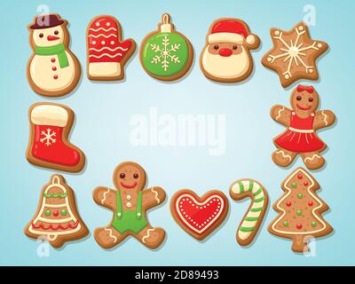 Christmas gingerbread cookies making a rectangular frame. Vector illustration. Stock Vector