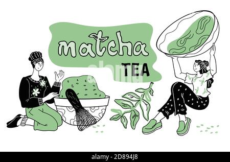 Banner with women enjoying Matcha green tea drink vector illustration isolated. Stock Vector