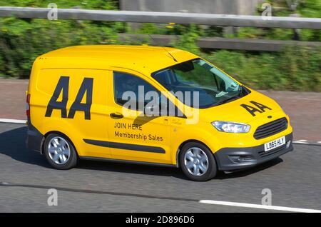 2015 Honda Civic I-VTEC Sport; Yellow AA Van membership sales, recovery truck. Side view of rescue breakdown recovery vehicle transporter driving along  M6 motorway,  Lancaster, UK; Vehicular traffic, transport, modern, north-bound on the 3 lane highway. Stock Photo