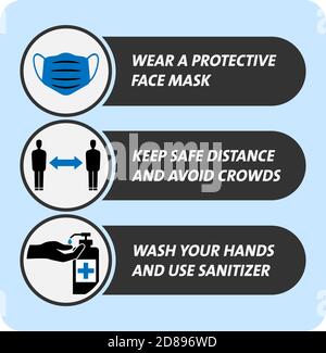 covid-19 coronavirus safety measure and precaution sign, wear mask, keep distance, wash hands vector illustration Stock Vector