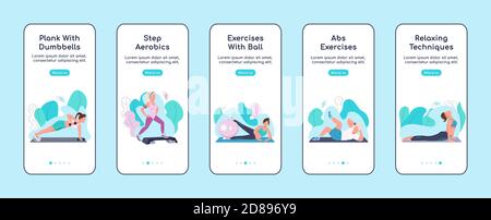 Fitness exercises onboarding mobile app screen flat vector template Stock Vector