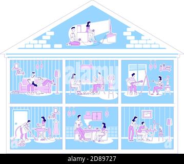 Family activities in apartments flat silhouette vector illustration Stock Vector