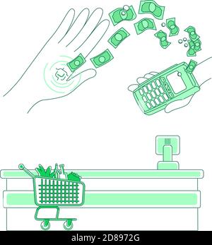 Microchip and payment terminal thin line concept vector illustration. Contactless transaction, people with e-money 2D cartoon character for web design Stock Vector