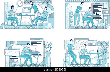 Colleagues coworking flat silhouette vector illustrations set. Marketing department workers outline characters on white background. Company analytics Stock Vector
