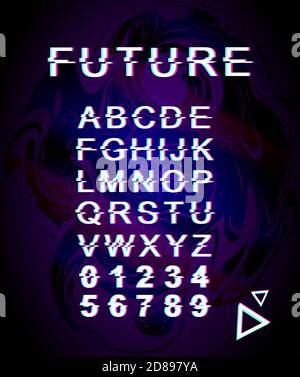 Future glitch font template. Retro futuristic style vector alphabet set on purple iridescent background. Capital letters, numbers and symbols. Trendy Stock Vector