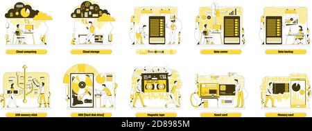 Data storage thin line concept vector illustrations set Stock Vector