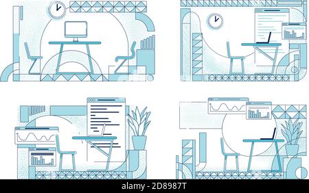 Open office interior designs outline vector illustrations set. Modern coworking space contour compositions on white background. Corporate employee Stock Vector