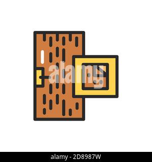 View closed entrance doors doors with chipboard coating color line icon. Isolated vector element. Stock Vector