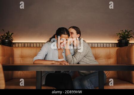 Woman whispering a secret into another friend's ear. Two female friends sitting in a coffee shop and gossiping. Stock Photo