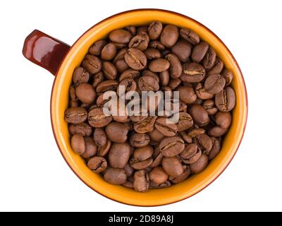 Top view of ceramic cup with roasted coffee beans isolated on white Stock Photo