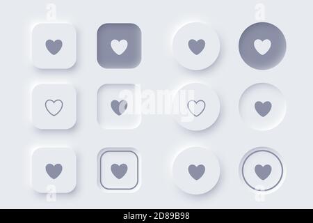 Buttons hearts square or round shapes Neomorphism UI design Stock Vector