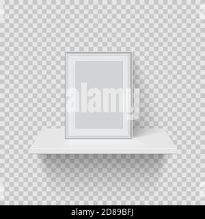 Frame for picture on white shelf. Blank space for picture, painting, card or photo. 3d realistic modern template vector illustration. Simple office Stock Vector