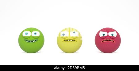 Happy, silly and angry face character. Traffic light emotions concept 3d render 3d illustration Stock Photo