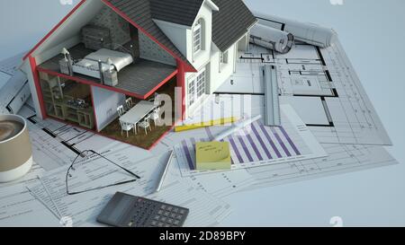 Sectioned  house showing interior on top of blueprints, mortgage application forms and other documents Stock Photo