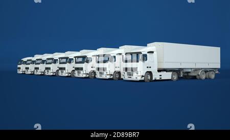 3D rendering of white trucks against a blue background, Stock Photo