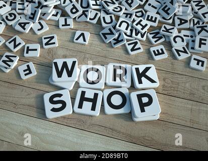 3D rendering of the words work shop written on letter tiles on a wooden parquet Stock Photo