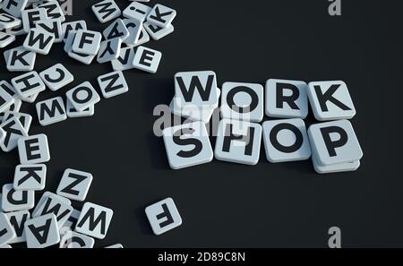 3D rendering of the words work shop written on letter tiles on a black background Stock Photo