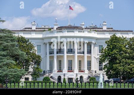 The southern facade of James Hoban's neoclassical White House, with its semi-circular portico facing The Ellipse and South Lawn. Stock Photo