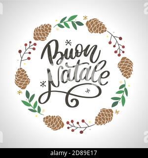 Buon Natale. Merry Christmas Calligraphy Template in Italian. Greeting Card Black Typography on White Background. Vector Illustration Hand Drawn Stock Vector