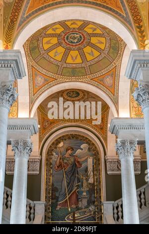 Elihu Vedder's 1896 mosaic of Minerva, Roman goddess of learning, in an arched panel on the 2nd floor of the Library of Congress Jefferson Building Stock Photo