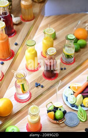 Freshly squeezed fruit and vegetable juices with ingredients Stock Photo