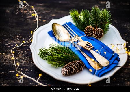 Overhead view of a Christmas place setting on a table Stock Photo