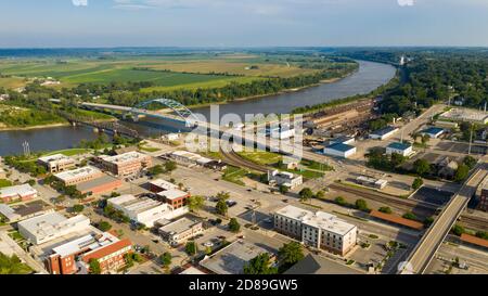 Aerial view over downtown city center of Atchison Kansas in mid morning light Stock Photo