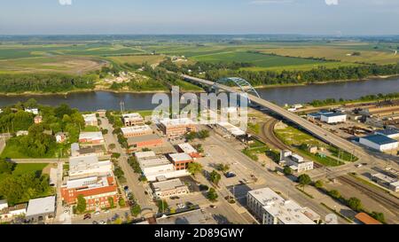 Aerial view over downtown city center of Atchison Kansas in mid morning light Stock Photo