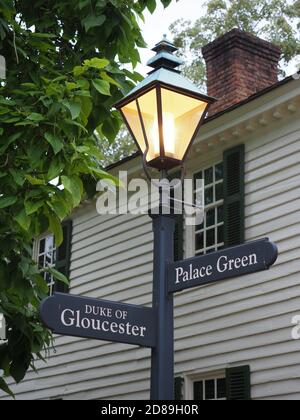 A lamppost with pointers in Colonial Williamsburg. Stock Photo