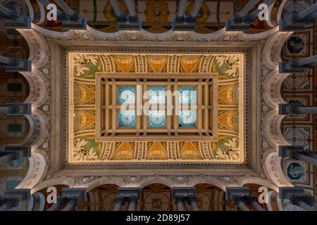 The elaborately decorated ceiling of the Great Hall of the Library of Congress. The scale-pattern of the skylights matches that of the floor below Stock Photo