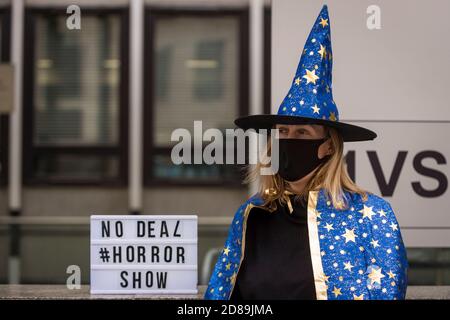 London, UK.  28 October 2020.  An anti-Brexit protester from SODEM at a Halloween-themed demonstration outside the Department for Business, Energy & Industrial Strategy in Westminster.  Michel Barnier, the European Commission's Head of Task Force for Relations with the United Kingdom, is attending meetings inside.  Credit: Stephen Chung / Alamy Live News Stock Photo