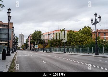 Madrid, Spain - 4th October, 2020: Bailen Street in central Madrid. Segovia Viaduct or Bridge of Segovia Stock Photo