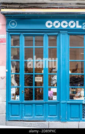 Madrid, Spain - 4th October, 2020: Blue painted store window of a fashion accessories store in Latina quarter of Madrid Stock Photo
