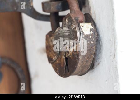 padlock on a wooden door Stock Photo